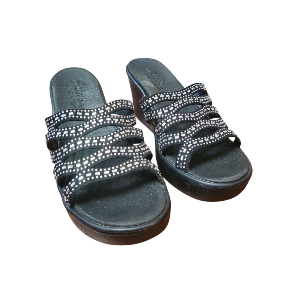 Skechers Black Wedge Slide Sandals Rhinestone Accents Women's 11 Black - Picture 4 of 15